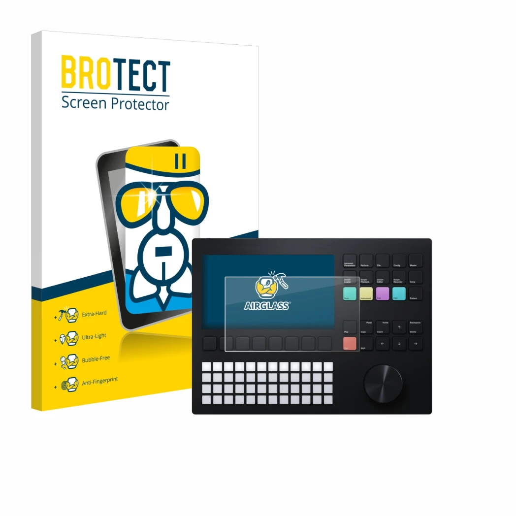 Parte frontal de un envase de producto con el logotipo de la marca BROTECT. Al lado se muestra el dispositivo Polyend Tracker