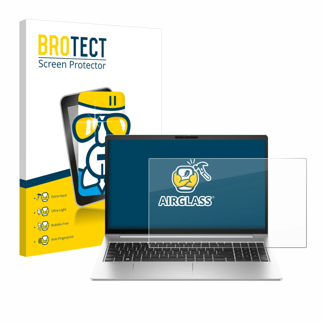 Parte frontal de un envase de producto con el logotipo de la marca BROTECT. Al lado se muestra el dispositivo HP EliteBook 640