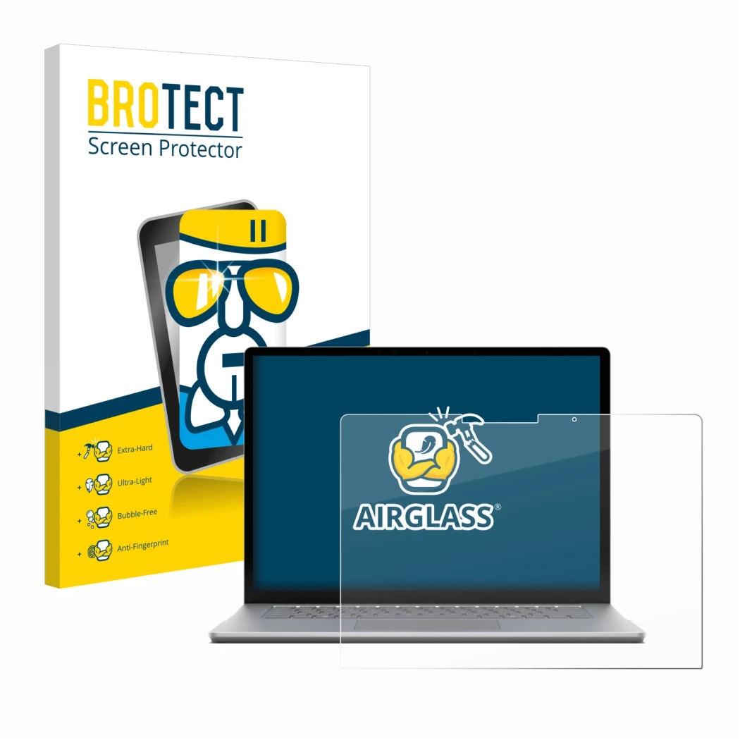 Parte frontal de un envase de producto con el logotipo de la marca BROTECT. Al lado se muestra el dispositivo Microsoft Surfac