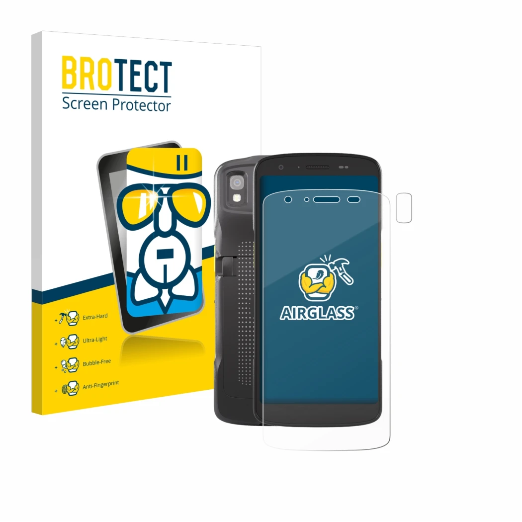 Parte frontal de un envase de producto con el logotipo de la marca BROTECT. Al lado se muestra el dispositivo Zebra TC22 (Fron