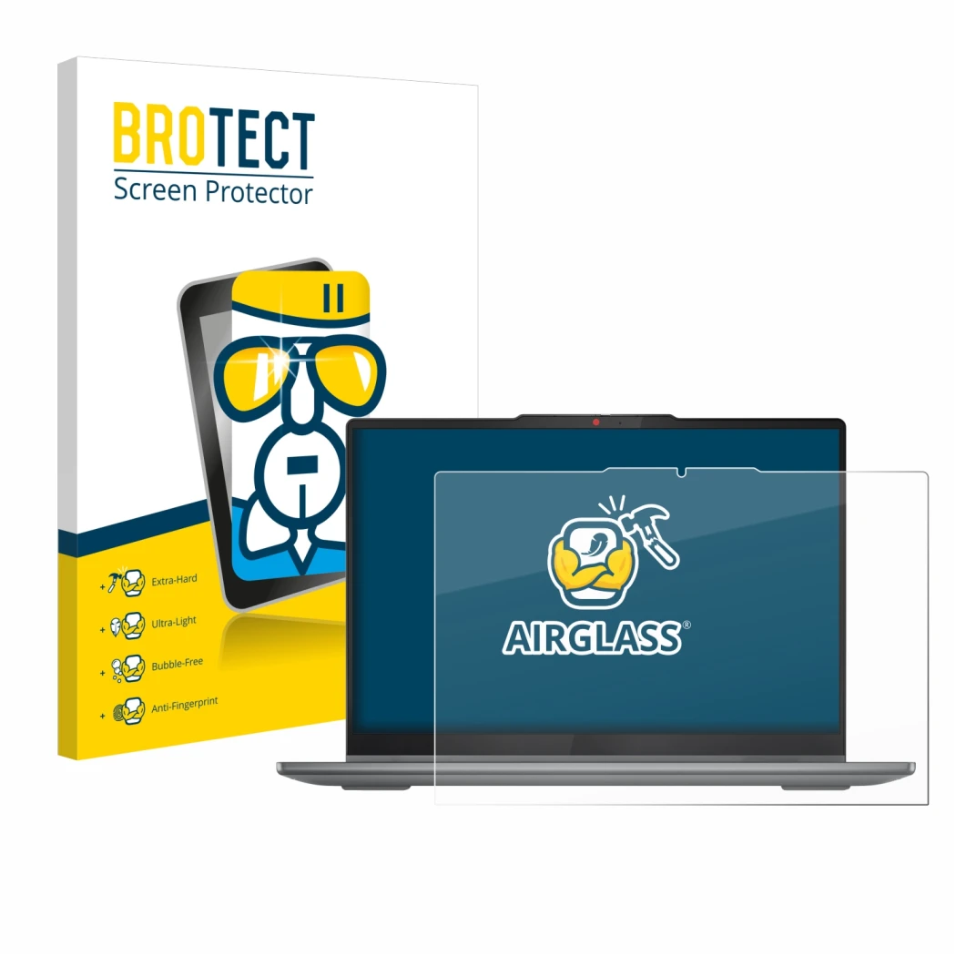 Parte frontal de un envase de producto con el logotipo de la marca BROTECT. Al lado se muestra el dispositivo Lenovo IdeaPad 5