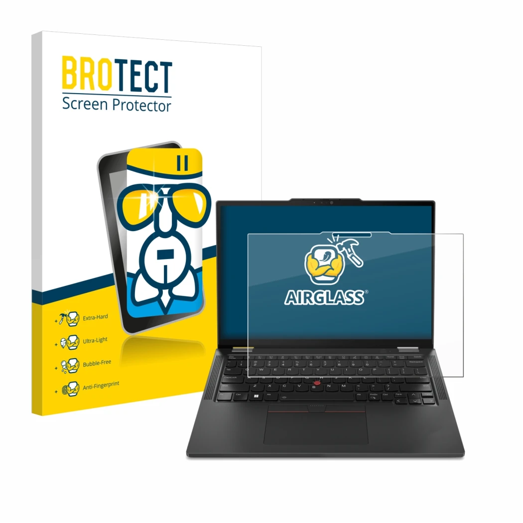 Parte frontal de un envase de producto con el logotipo de la marca BROTECT. Al lado se muestra el dispositivo Lenovo ThinkPad 