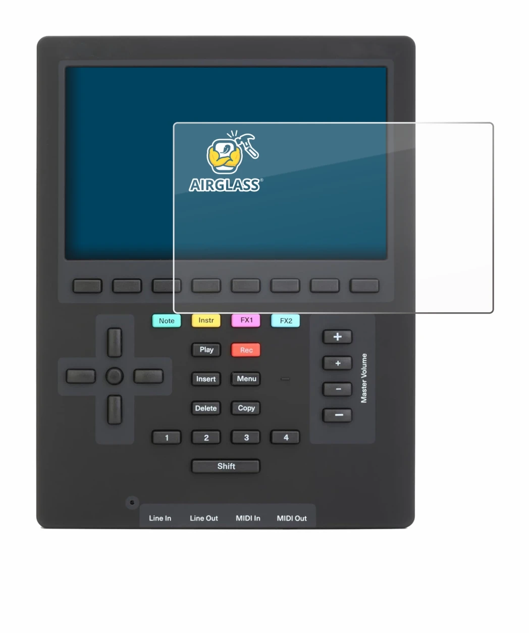 Imagen del dispositivo Polyend Tracker Mini con una amplia variedad de protectores de pantalla.