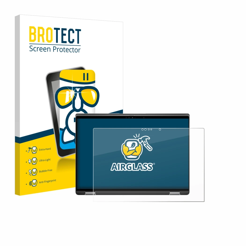 Parte frontal de un envase de producto con el logotipo de la marca BROTECT. Al lado se muestra el dispositivo Dell Latitude 74