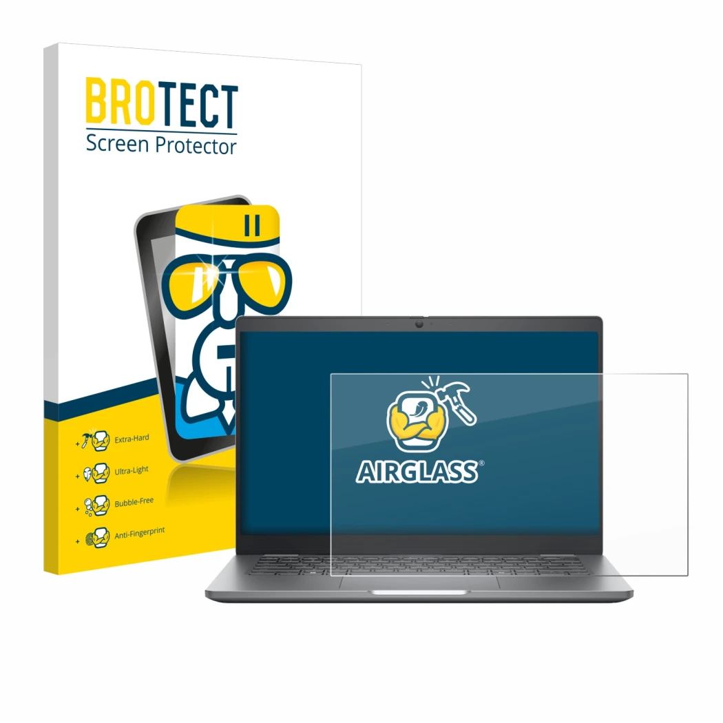 Parte frontal de un envase de producto con el logotipo de la marca BROTECT. Al lado se muestra el dispositivo Dell Latitude 53