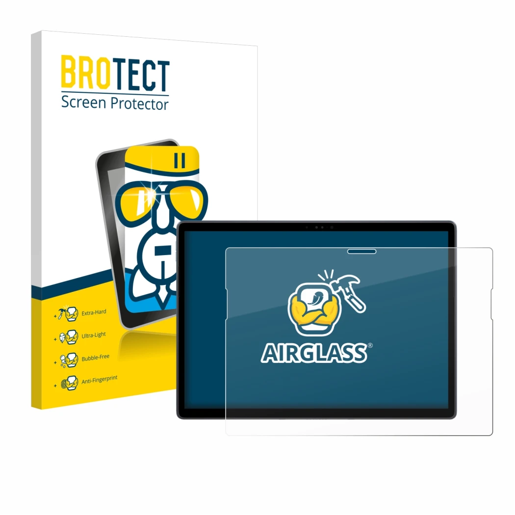 Parte frontal de un envase de producto con el logotipo de la marca BROTECT. Al lado se muestra el dispositivo Dell Latitude 73