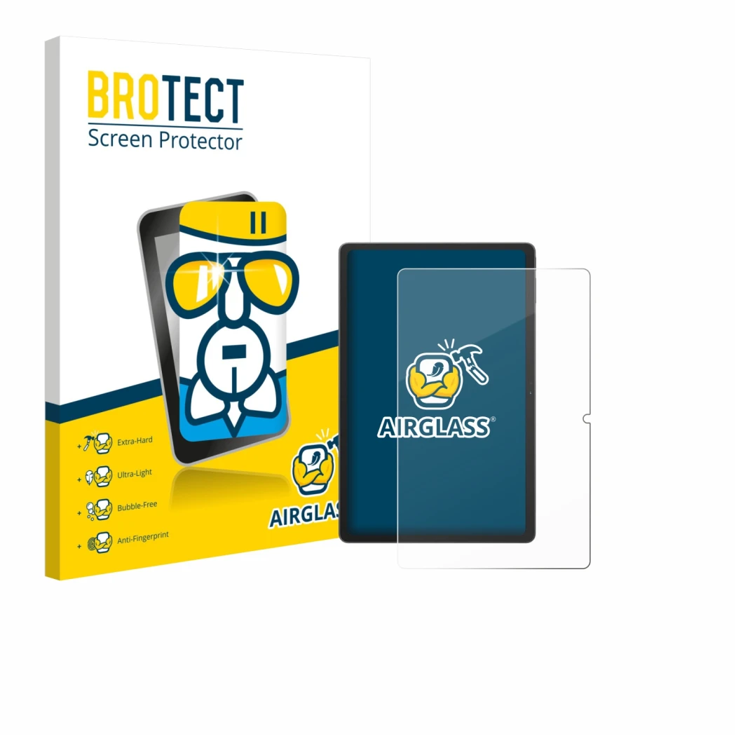 Parte frontal de un envase de producto con el logotipo de la marca BROTECT. Al lado se muestra el dispositivo Blackview Tab 16