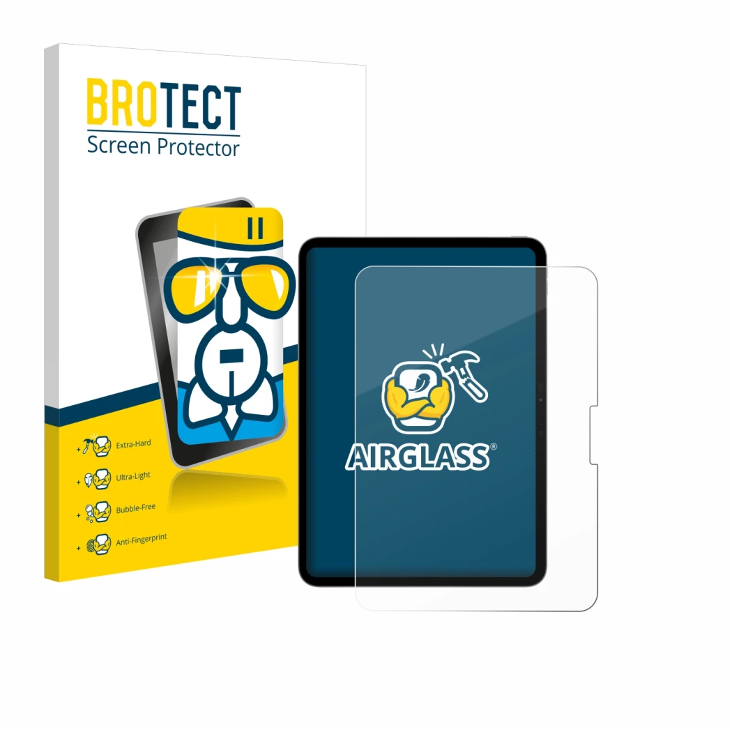 Parte frontal de un envase de producto con el logotipo de la marca BROTECT. Al lado se muestra el dispositivo Apple iPad Pro 1