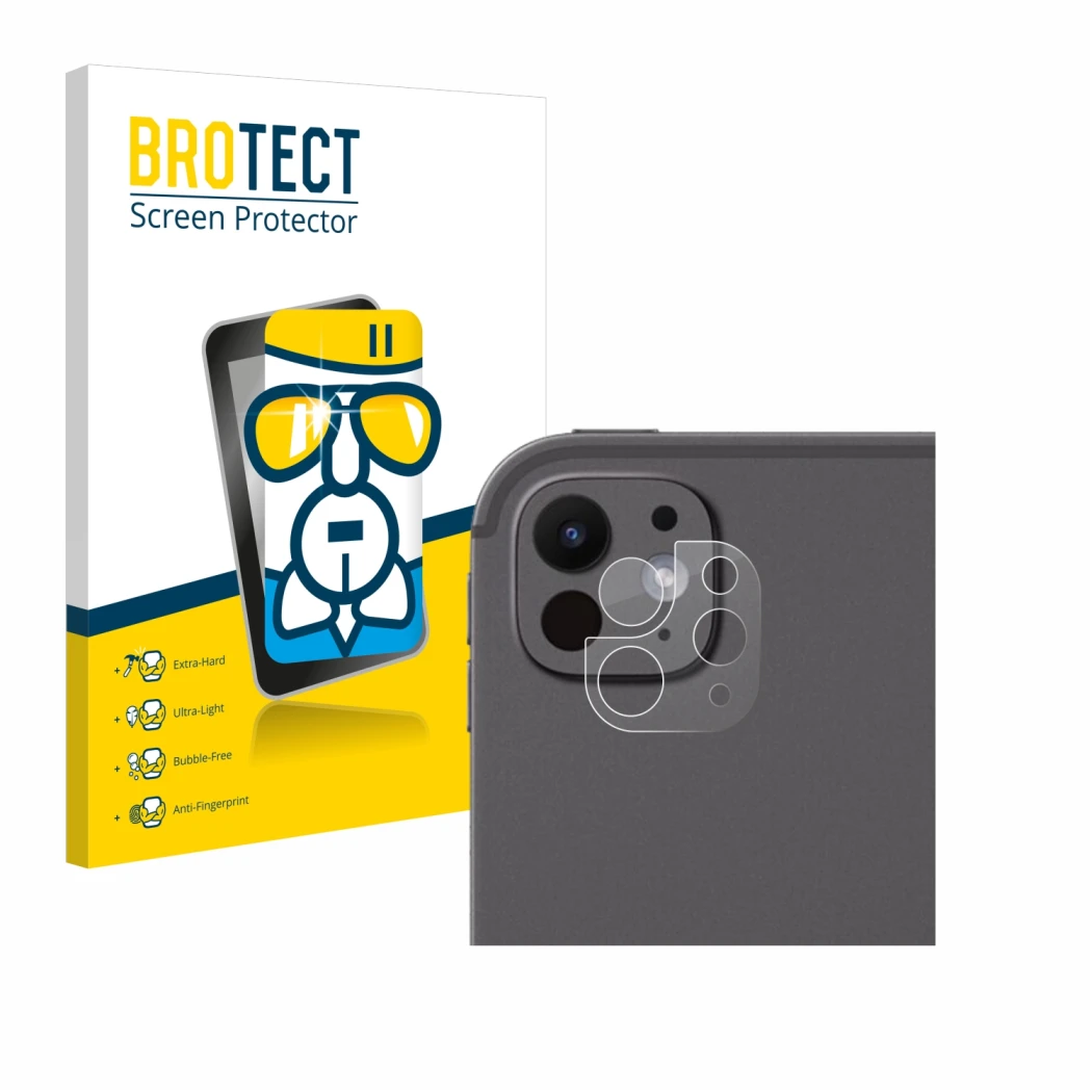 Parte frontal de un envase de producto con el logotipo de la marca BROTECT. Al lado se muestra el dispositivo Apple iPad Pro 1