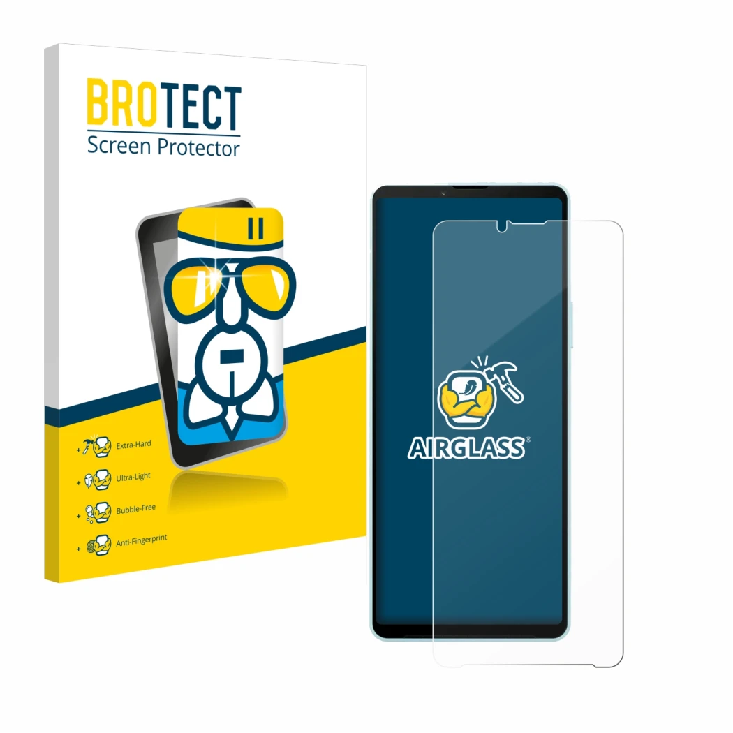 Parte frontal de un envase de producto con el logotipo de la marca BROTECT. Al lado se muestra el dispositivo Sony Xperia 10 V