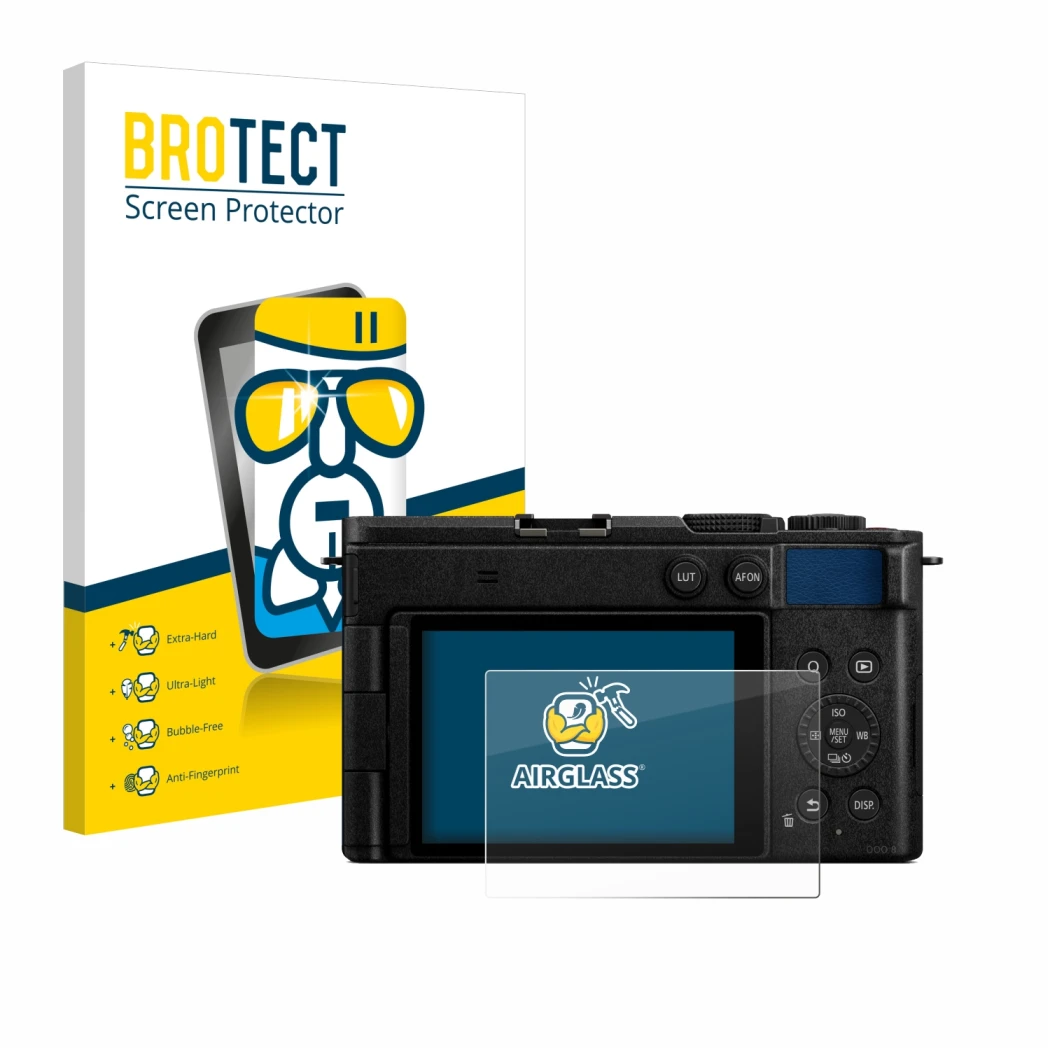 Parte frontal de un envase de producto con el logotipo de la marca BROTECT. Al lado se muestra el dispositivo Panasonic Lumix 