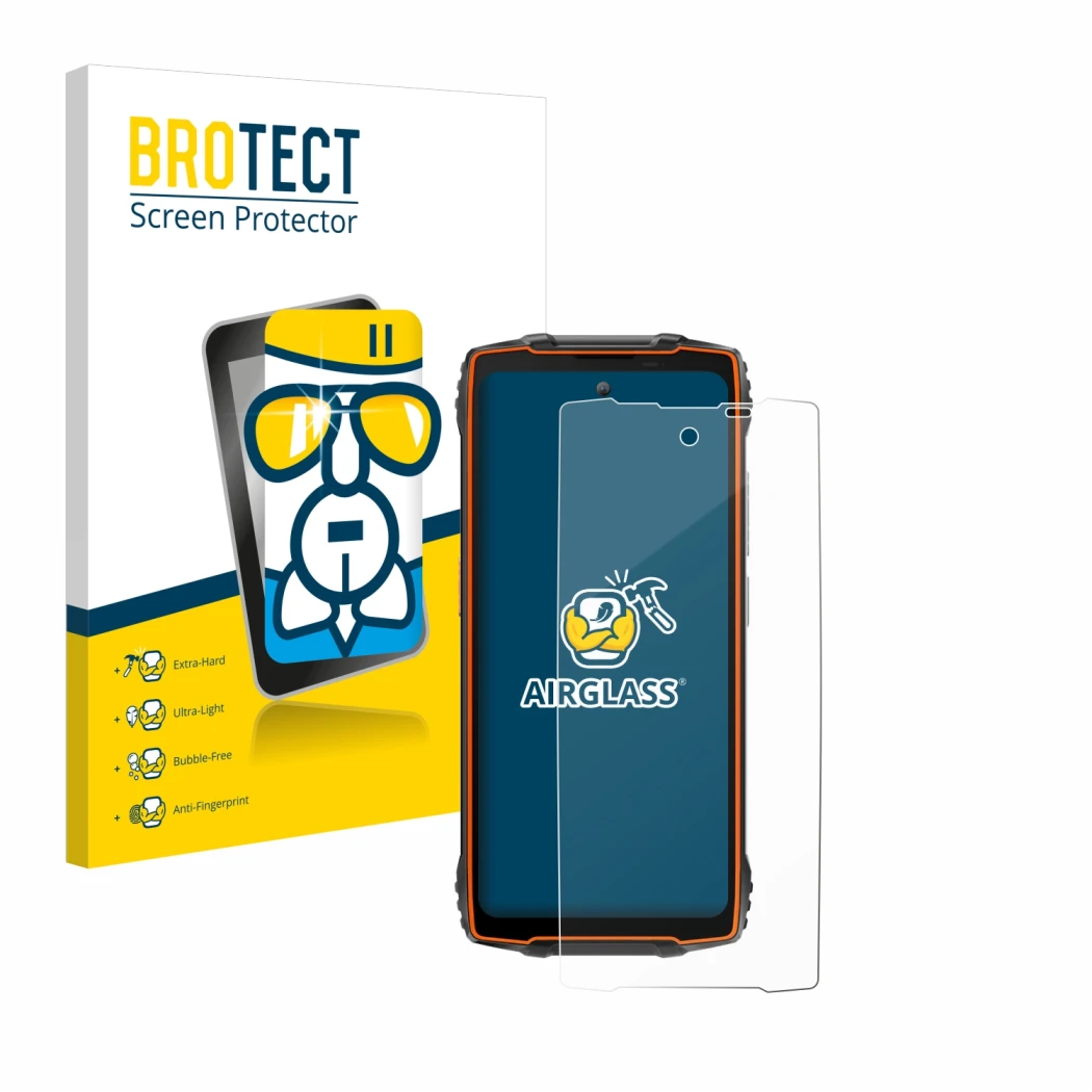 Parte frontal de un envase de producto con el logotipo de la marca BROTECT. Al lado se muestra el dispositivo Blackview Oscal 