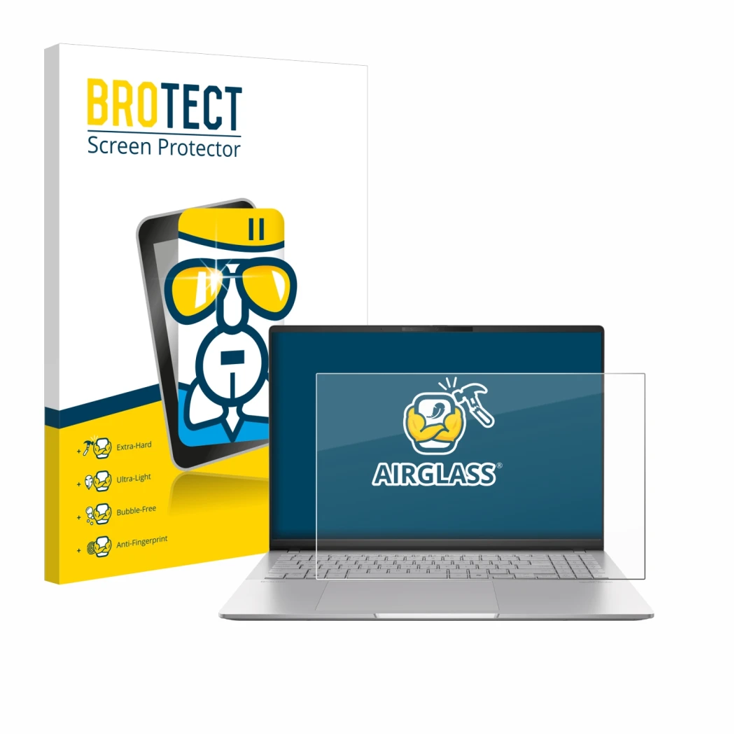 Parte frontal de un envase de producto con el logotipo de la marca BROTECT. Al lado se muestra el dispositivo ASUS Vivobook S1