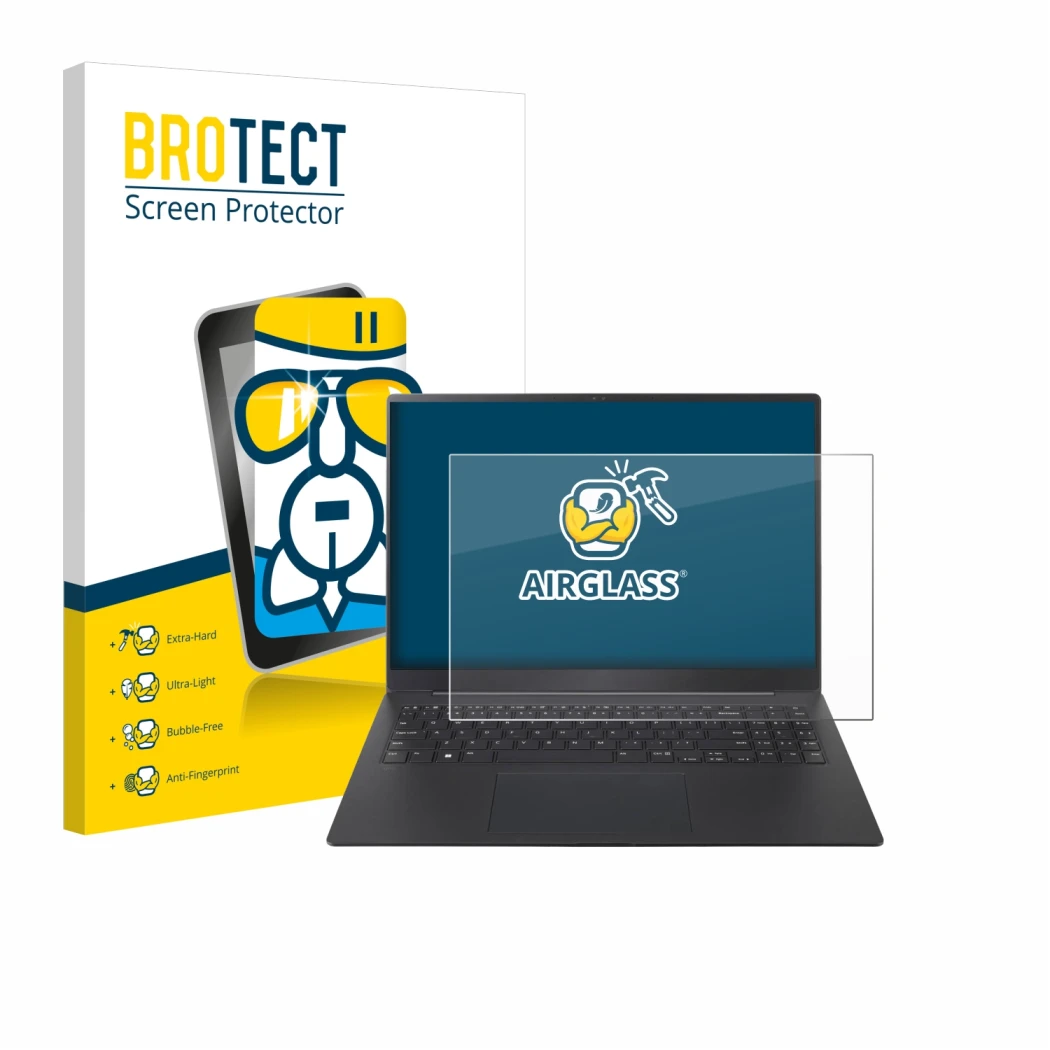 Parte frontal de un envase de producto con el logotipo de la marca BROTECT. Al lado se muestra el dispositivo LG gram Pro 16 2