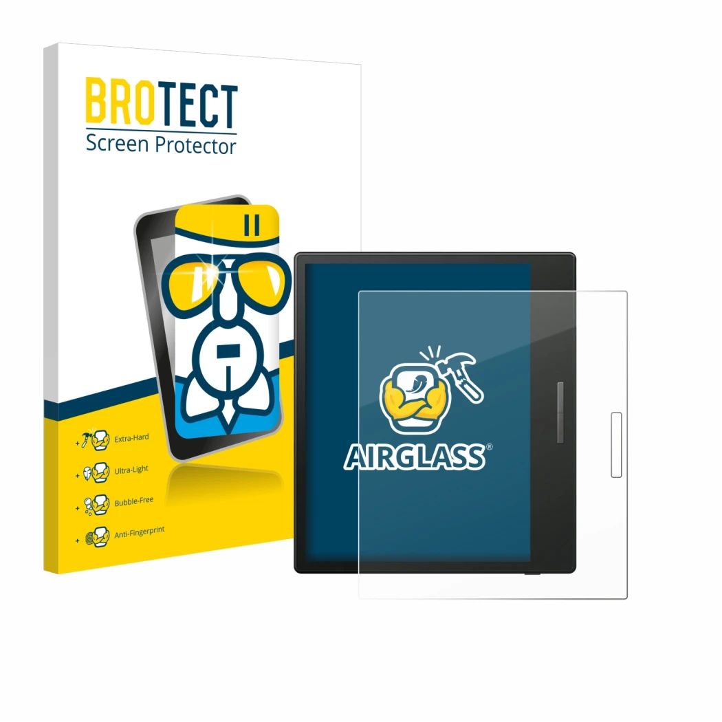 Parte frontal de un envase de producto con el logotipo de la marca BROTECT. Al lado se muestra el dispositivo Boox Go Color 7