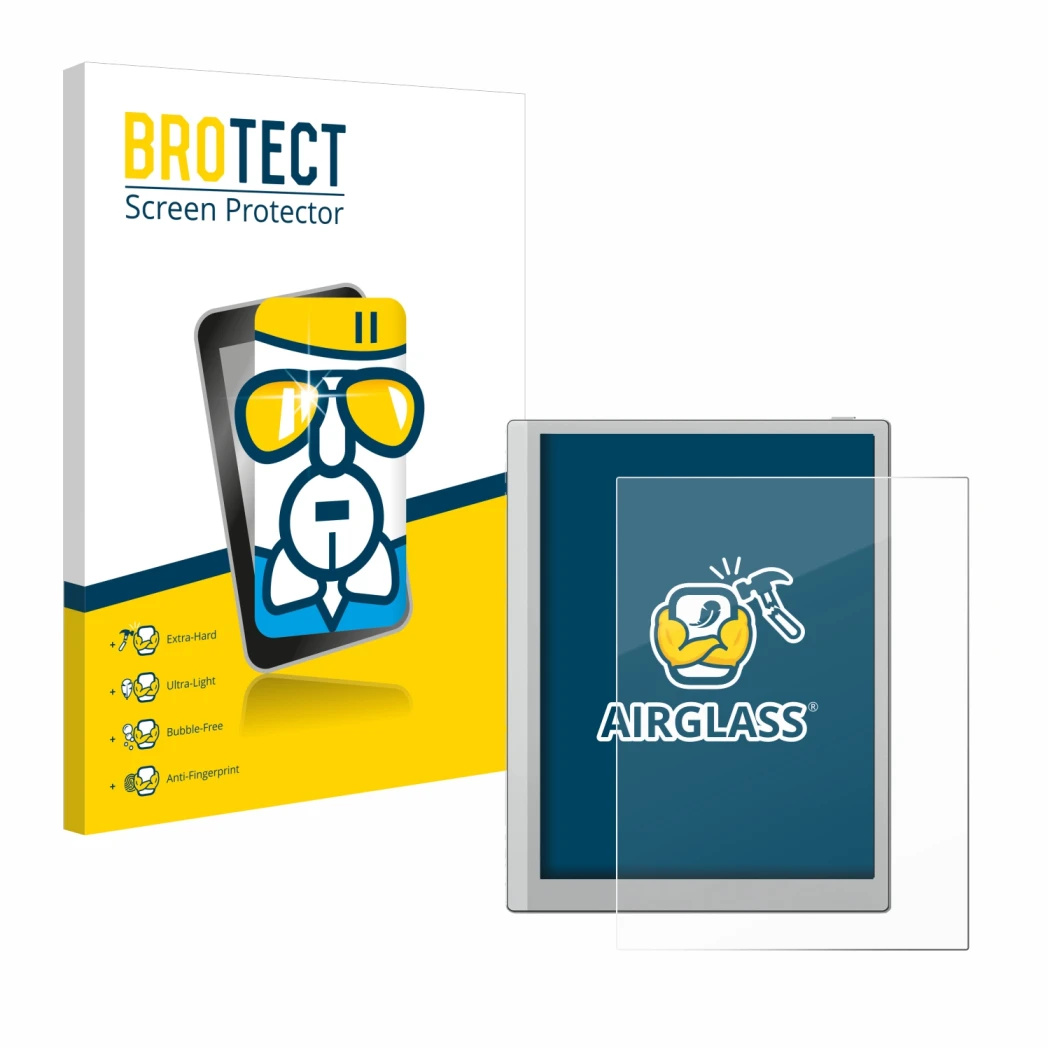 Parte frontal de un envase de producto con el logotipo de la marca BROTECT. Al lado se muestra el dispositivo Boox Go 10.3 con