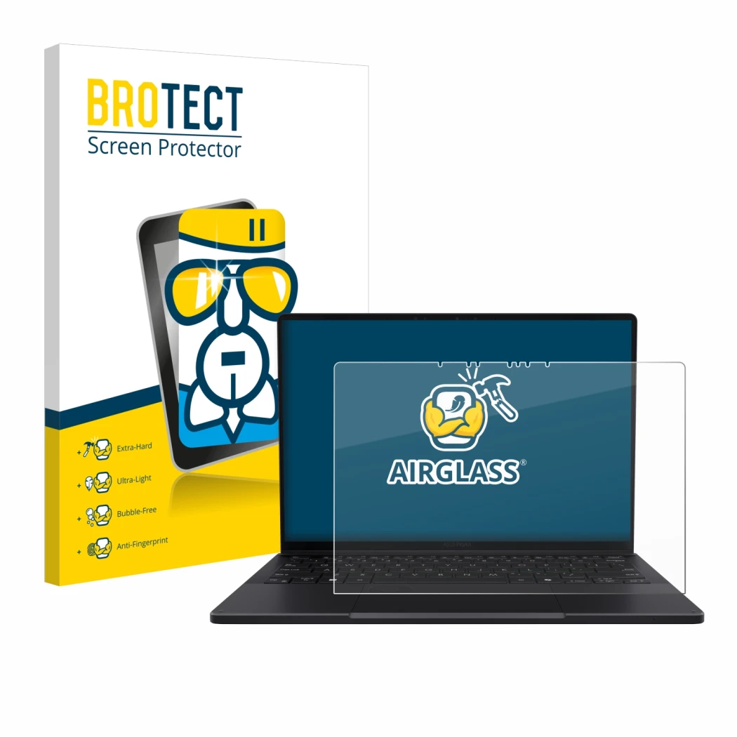 Parte frontal de un envase de producto con el logotipo de la marca BROTECT. Al lado se muestra el dispositivo ASUS ProArt PX13