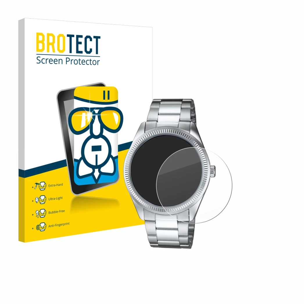 Parte frontal de un envase de producto con el logotipo de la marca BROTECT. Al lado se muestra el dispositivo Casio MTP-1302PD