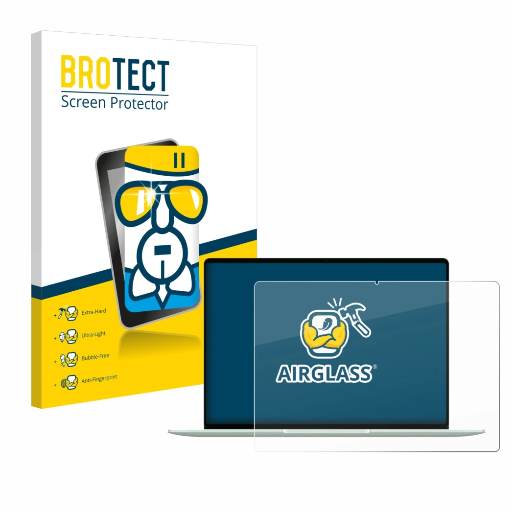 Parte frontal de un envase de producto con el logotipo de la marca BROTECT. Al lado se muestra el dispositivo Huawei MateBook 