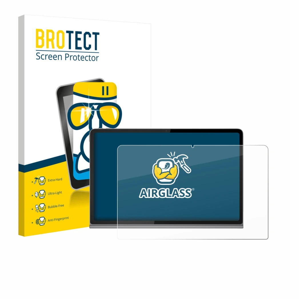 Parte frontal de un envase de producto con el logotipo de la marca BROTECT. Al lado se muestra el dispositivo Lenovo Tab Plus 