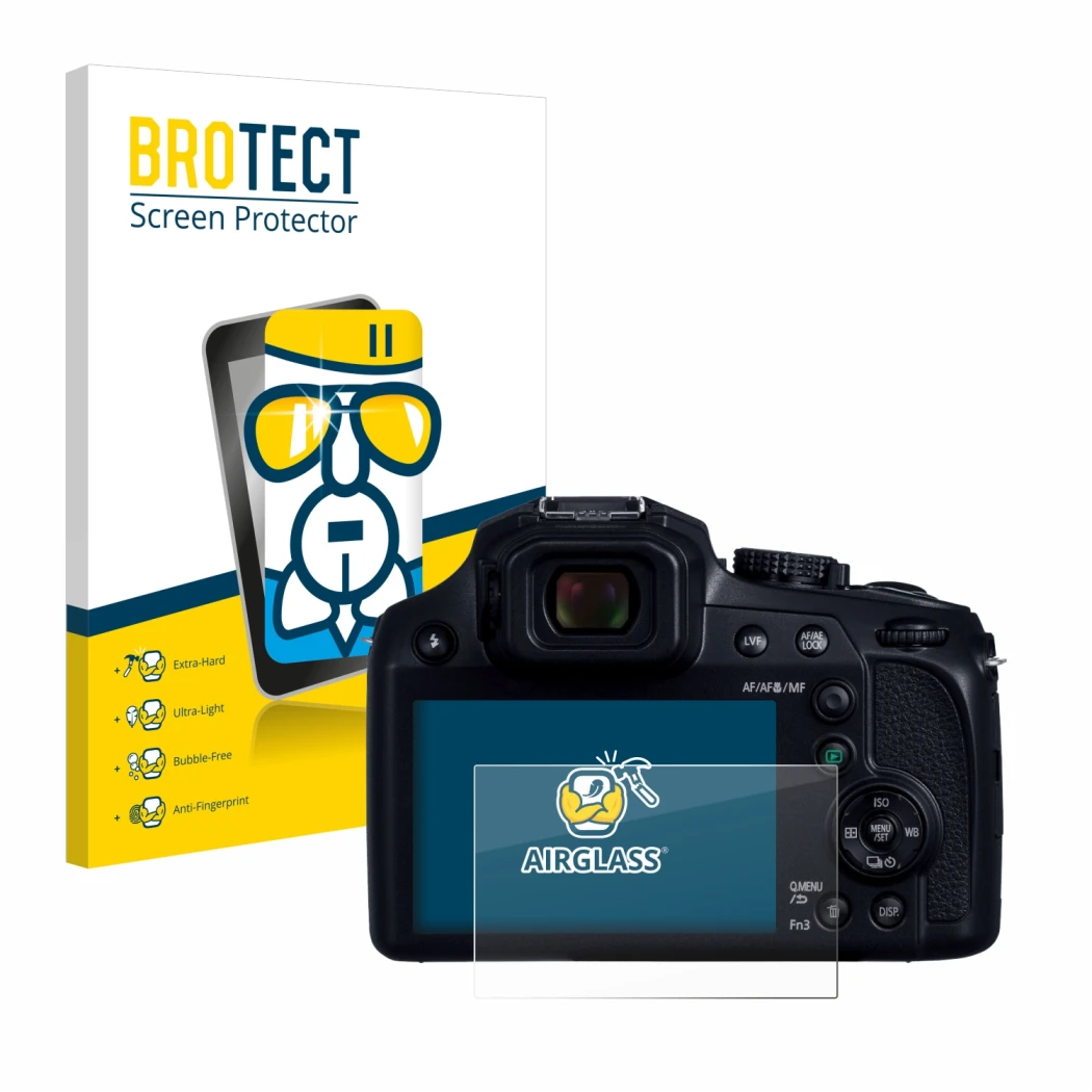 Parte frontal de un envase de producto con el logotipo de la marca BROTECT. Al lado se muestra el dispositivo Panasonic Lumix 