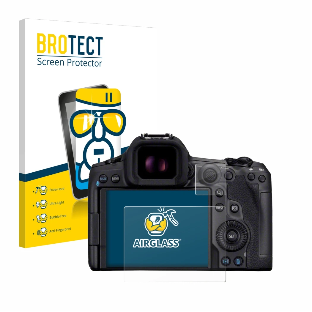 Parte frontal de un envase de producto con el logotipo de la marca BROTECT. Al lado se muestra el dispositivo Canon EOS R5 Mar