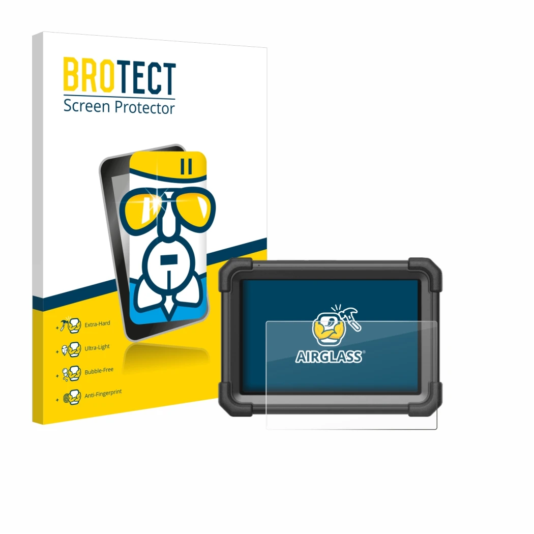 Parte frontal de un envase de producto con el logotipo de la marca BROTECT. Al lado se muestra el dispositivo Launch X-431 Pro