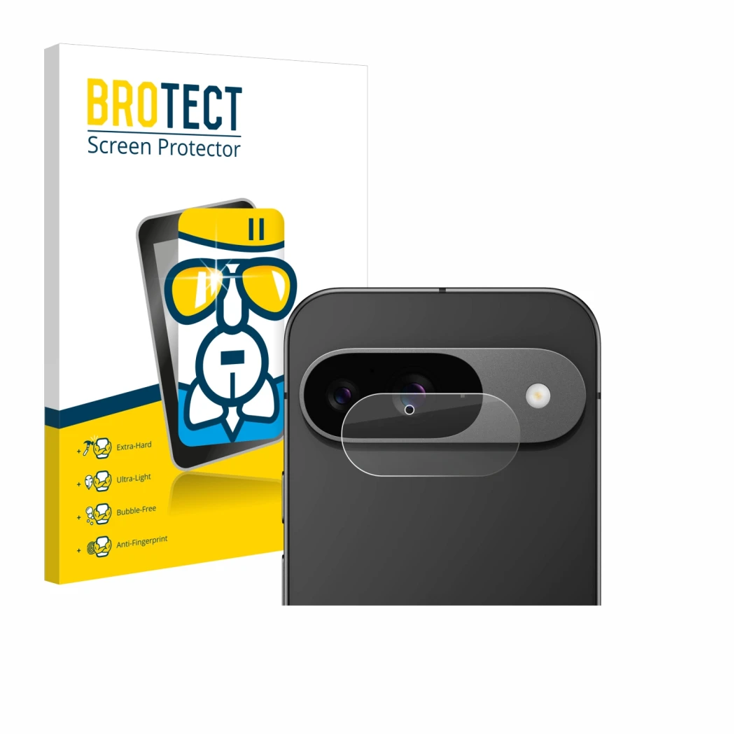 Parte frontal de un envase de producto con el logotipo de la marca BROTECT. Al lado se muestra el dispositivo Google Pixel 9 (