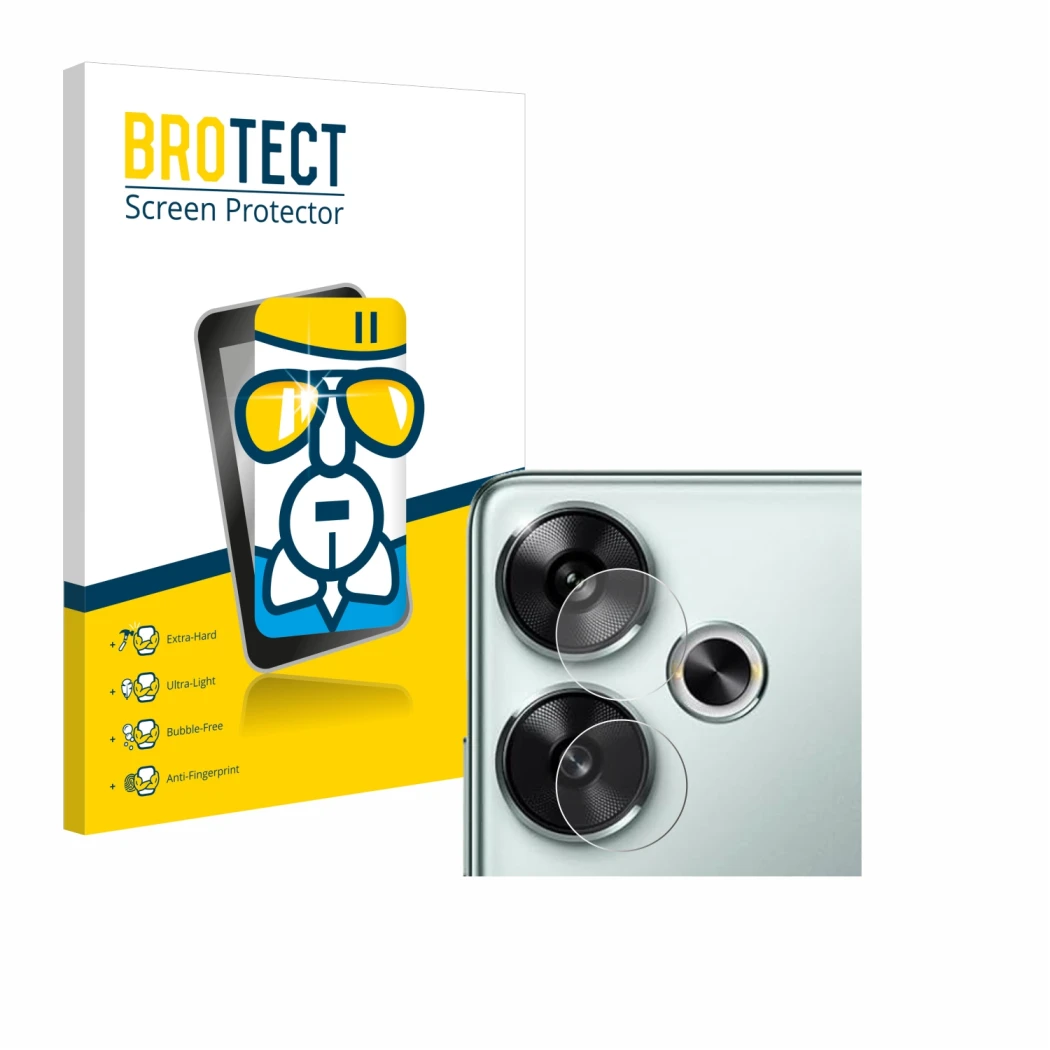 Parte frontal de un envase de producto con el logotipo de la marca BROTECT. Al lado se muestra el dispositivo Xiaomi Poco F6 (