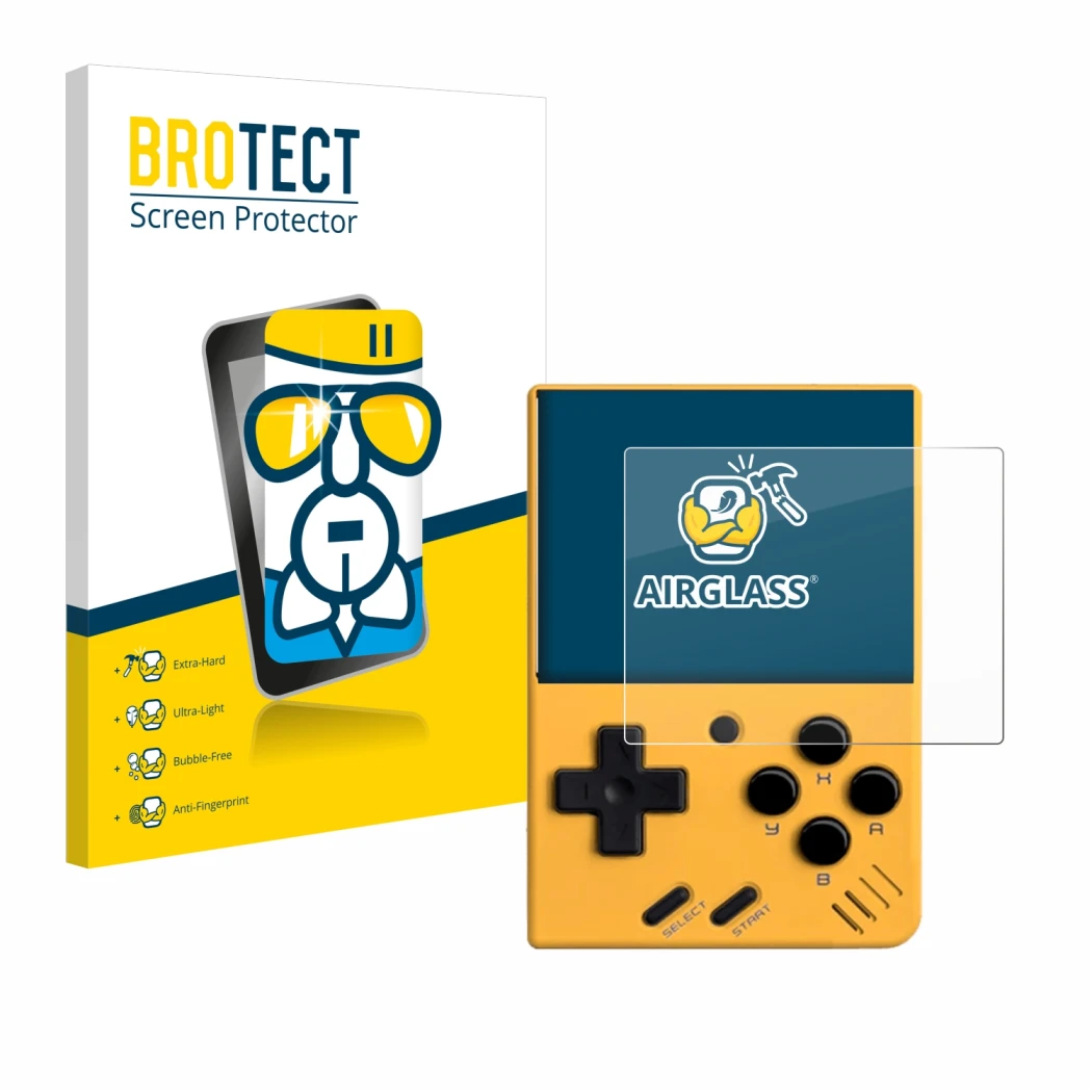 Parte frontal de un envase de producto con el logotipo de la marca BROTECT. Al lado se muestra el dispositivo Miyoo Mini V4 co