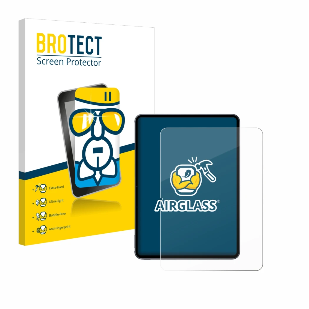 Parte frontal de un envase de producto con el logotipo de la marca BROTECT. Al lado se muestra el dispositivo OnePlus Pad 2 (r