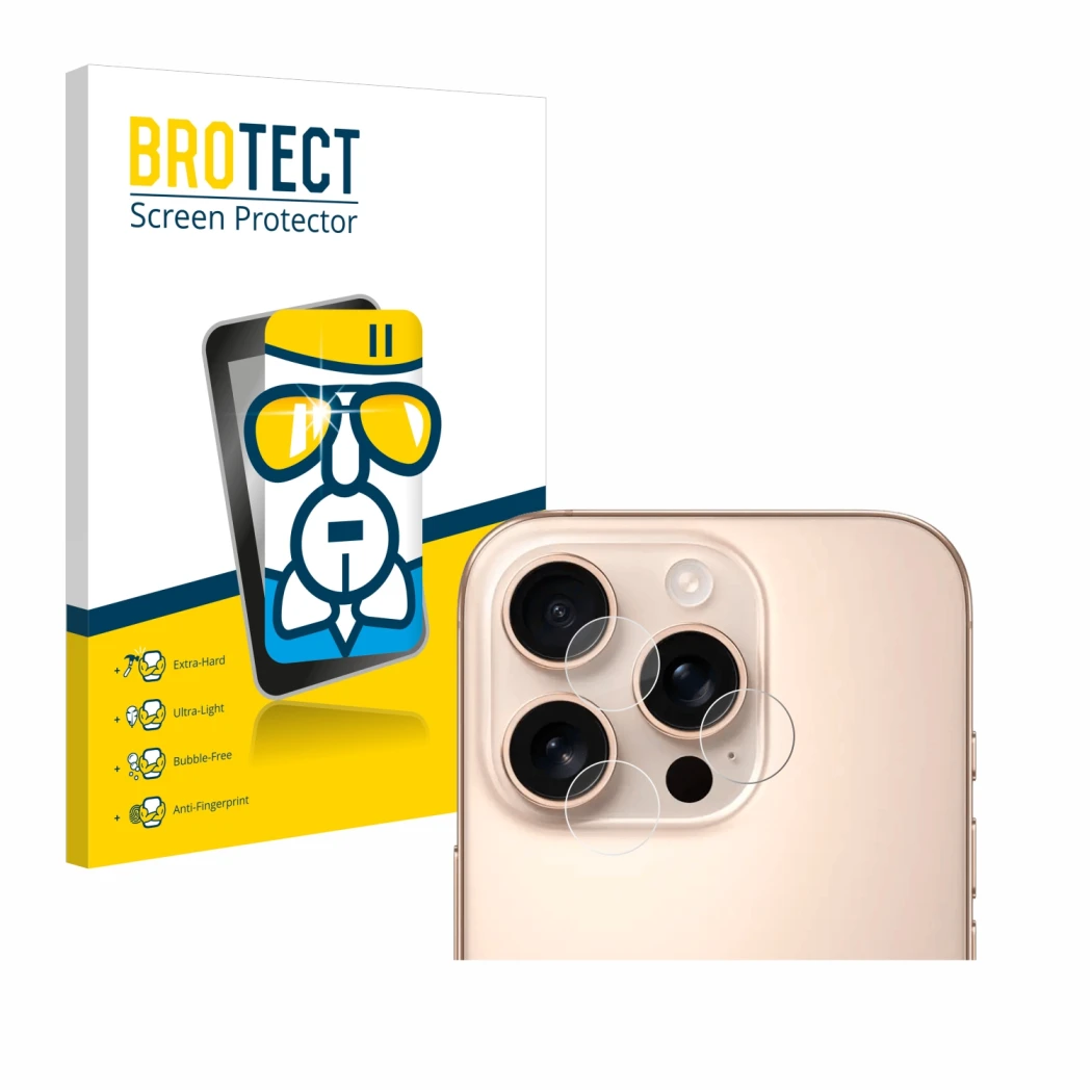 Parte frontal de un envase de producto con el logotipo de la marca BROTECT. Al lado se muestra el dispositivo Apple iPhone 16 