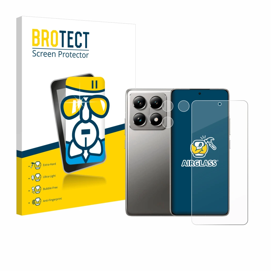 Parte frontal de un envase de producto con el logotipo de la marca BROTECT. Al lado se muestra el dispositivo Xiaomi 14T Pro (