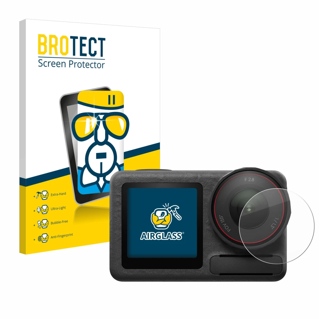 Parte frontal de un envase de producto con el logotipo de la marca BROTECT. Al lado se muestra el dispositivo DJI Osmo Action 