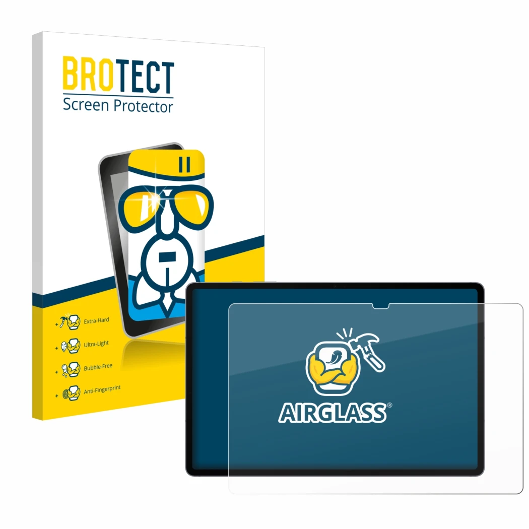 Parte frontal de un envase de producto con el logotipo de la marca BROTECT. Al lado se muestra el dispositivo Samsung Galaxy T