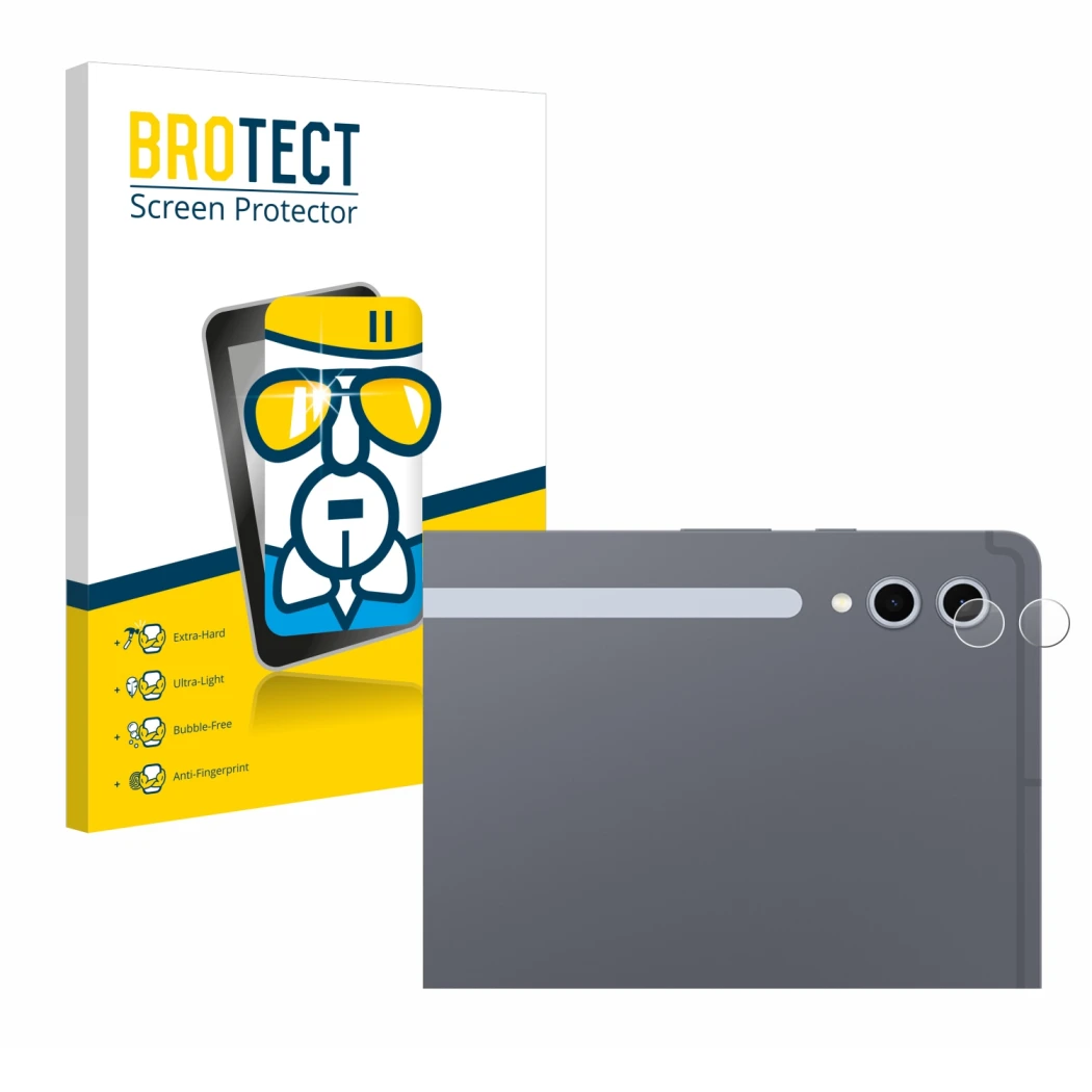 Parte frontal de un envase de producto con el logotipo de la marca BROTECT. Al lado se muestra el dispositivo Samsung Galaxy T