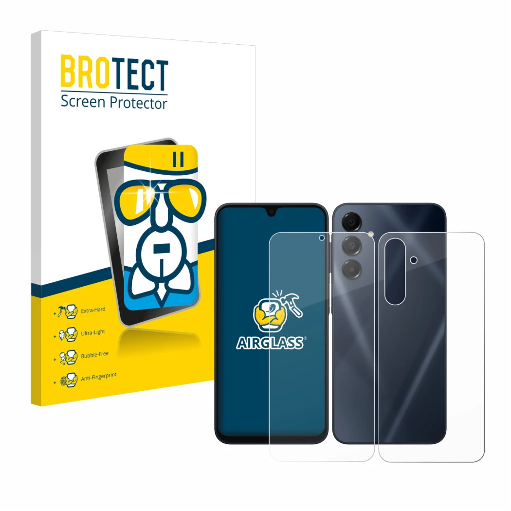 Parte frontal de un envase de producto con el logotipo de la marca BROTECT. Al lado se muestra el dispositivo Samsung Galaxy A