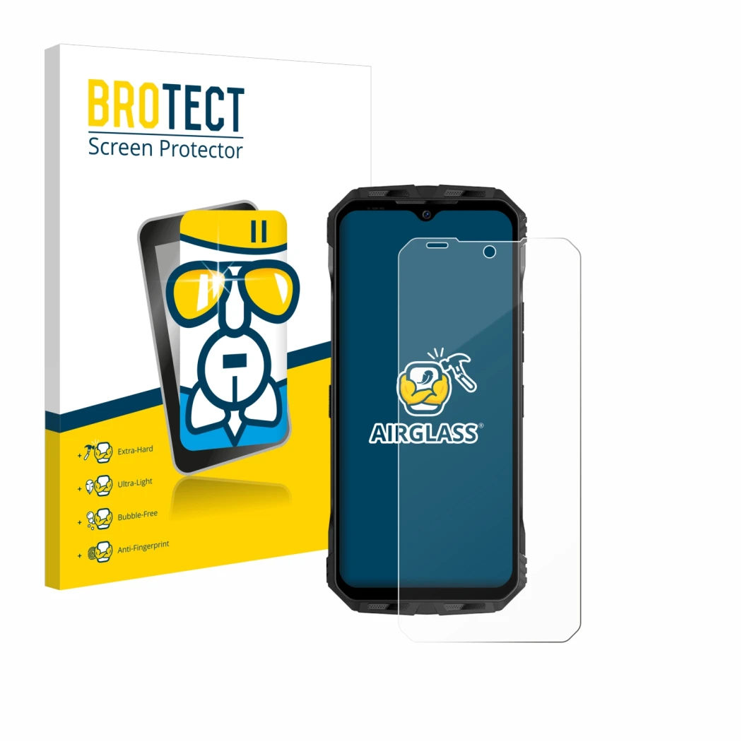 Parte frontal de un envase de producto con el logotipo de la marca BROTECT. Al lado se muestra el dispositivo Doogee V Max Plu