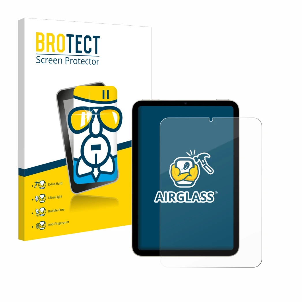 Parte frontal de un envase de producto con el logotipo de la marca BROTECT. Al lado se muestra el dispositivo Apple iPad Mini 