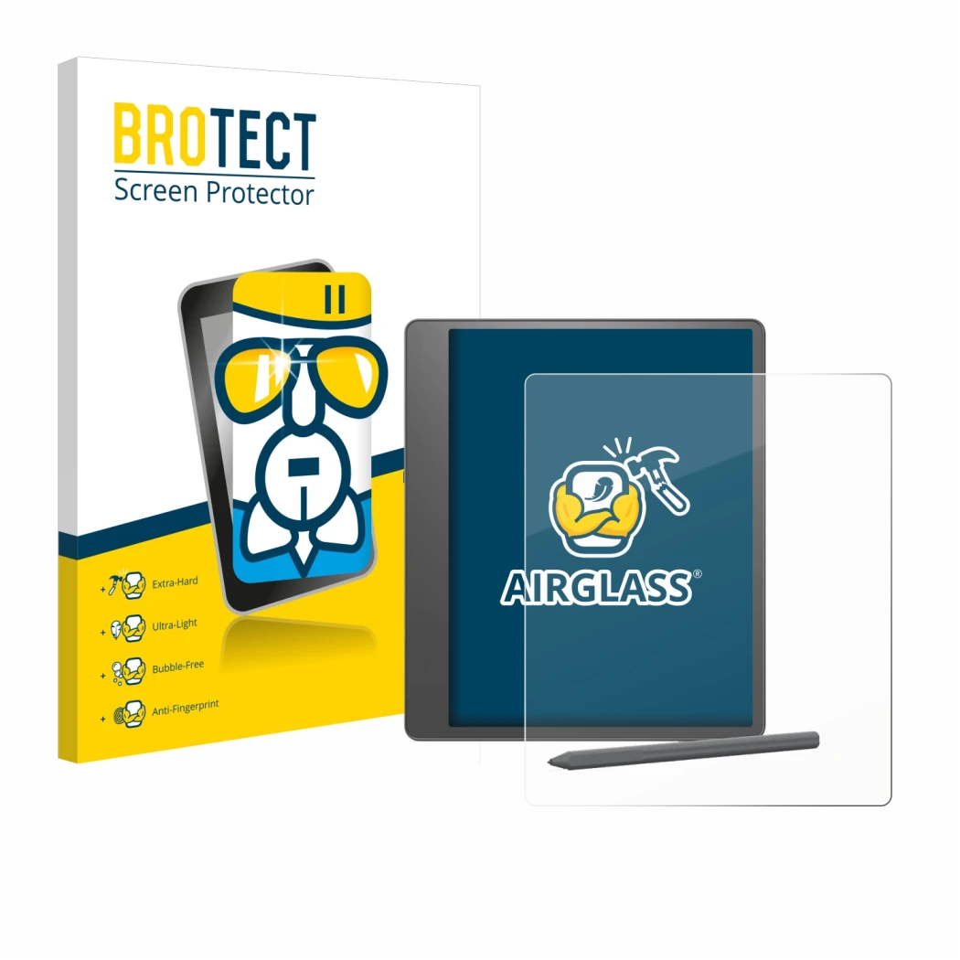 Parte frontal de un envase de producto con el logotipo de la marca BROTECT. Al lado se muestra el dispositivo Amazon Kindle Sc