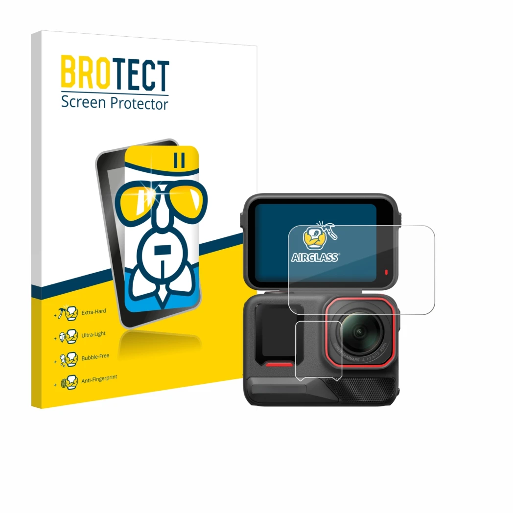 Parte frontal de un envase de producto con el logotipo de la marca BROTECT. Al lado se muestra el dispositivo Insta360 Ace Pro