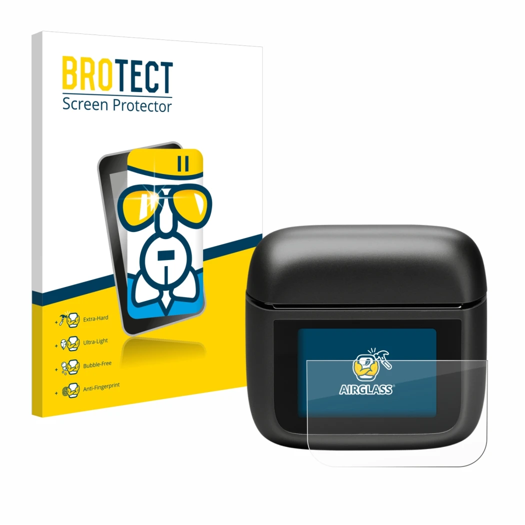 Parte frontal de un envase de producto con el logotipo de la marca BROTECT. Al lado se muestra el dispositivo JBL Tour Pro 3 c