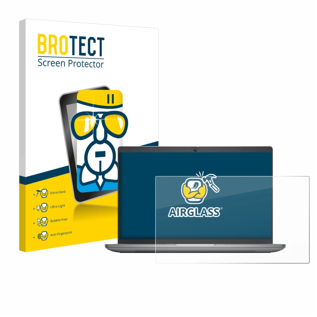 Parte frontal de un envase de producto con el logotipo de la marca BROTECT. Al lado se muestra el dispositivo Dell Latitude 54