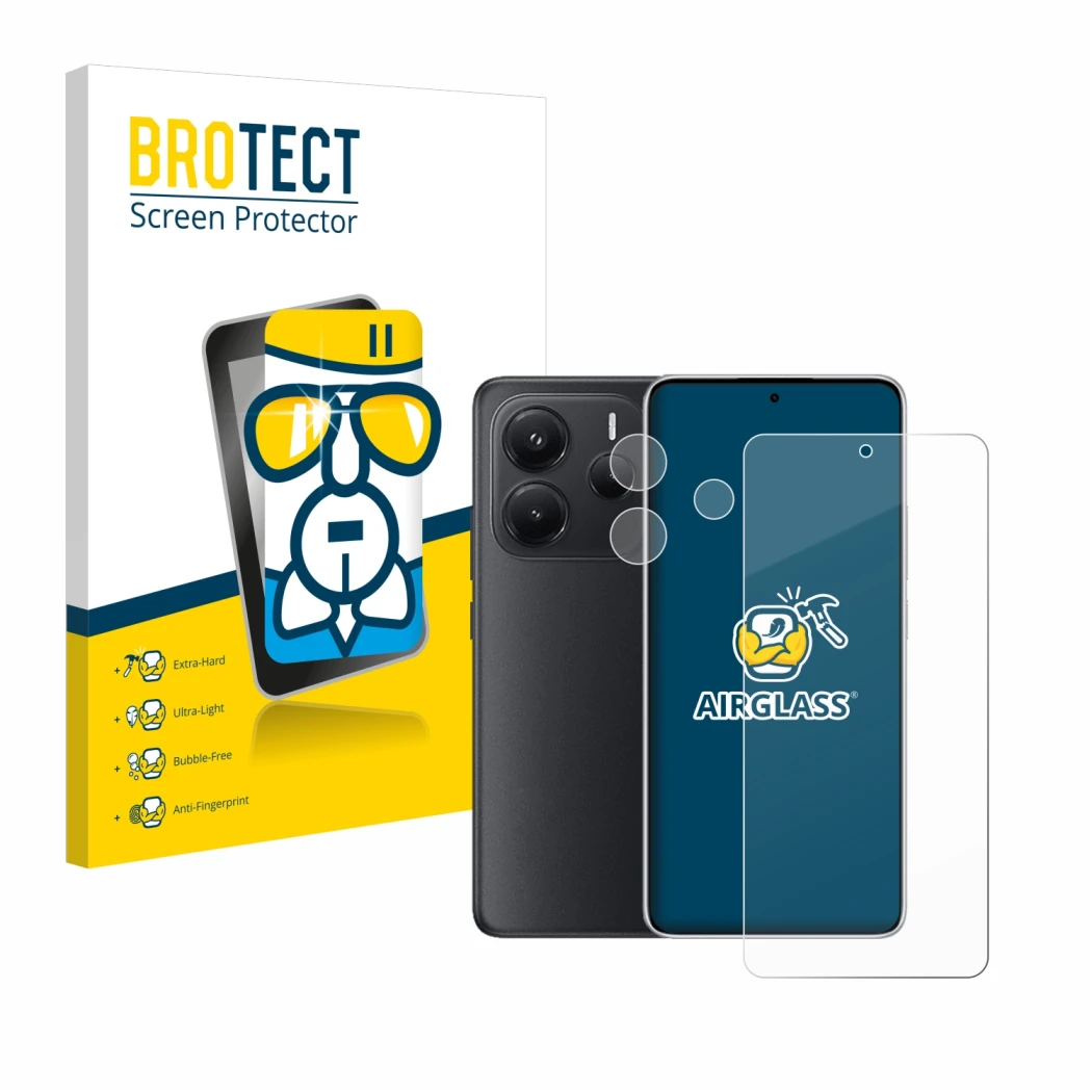 Parte frontal de un envase de producto con el logotipo de la marca BROTECT. Al lado se muestra el dispositivo Xiaomi Redmi Not