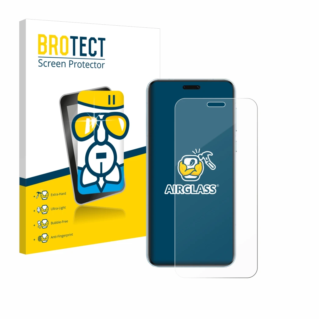 Parte frontal de un envase de producto con el logotipo de la marca BROTECT. Al lado se muestra el dispositivo Honor Magic 7 RS