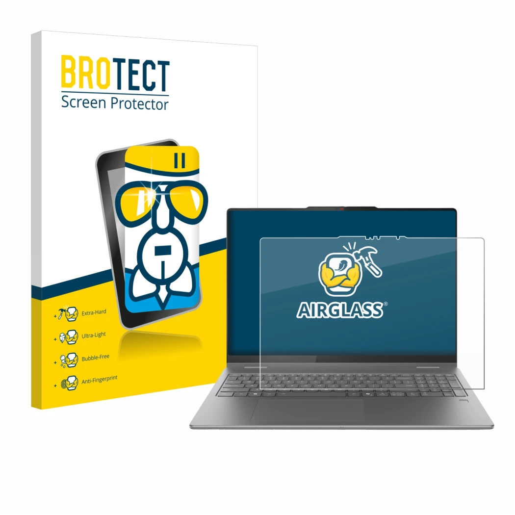 Parte frontal de un envase de producto con el logotipo de la marca BROTECT. Al lado se muestra el dispositivo Lenovo Yoga 7 2-