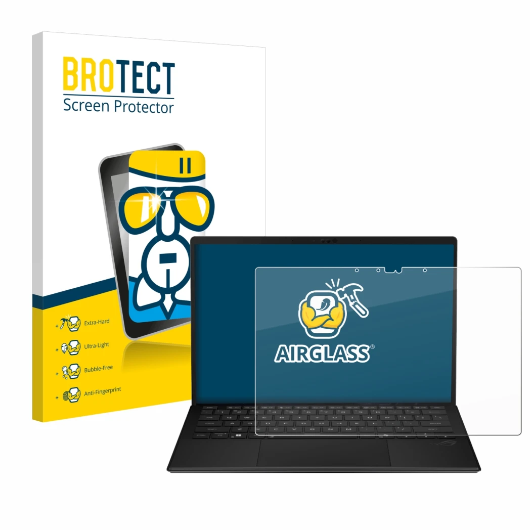 Parte frontal de un envase de producto con el logotipo de la marca BROTECT. Al lado se muestra el dispositivo ASUS ROG Flow Z1