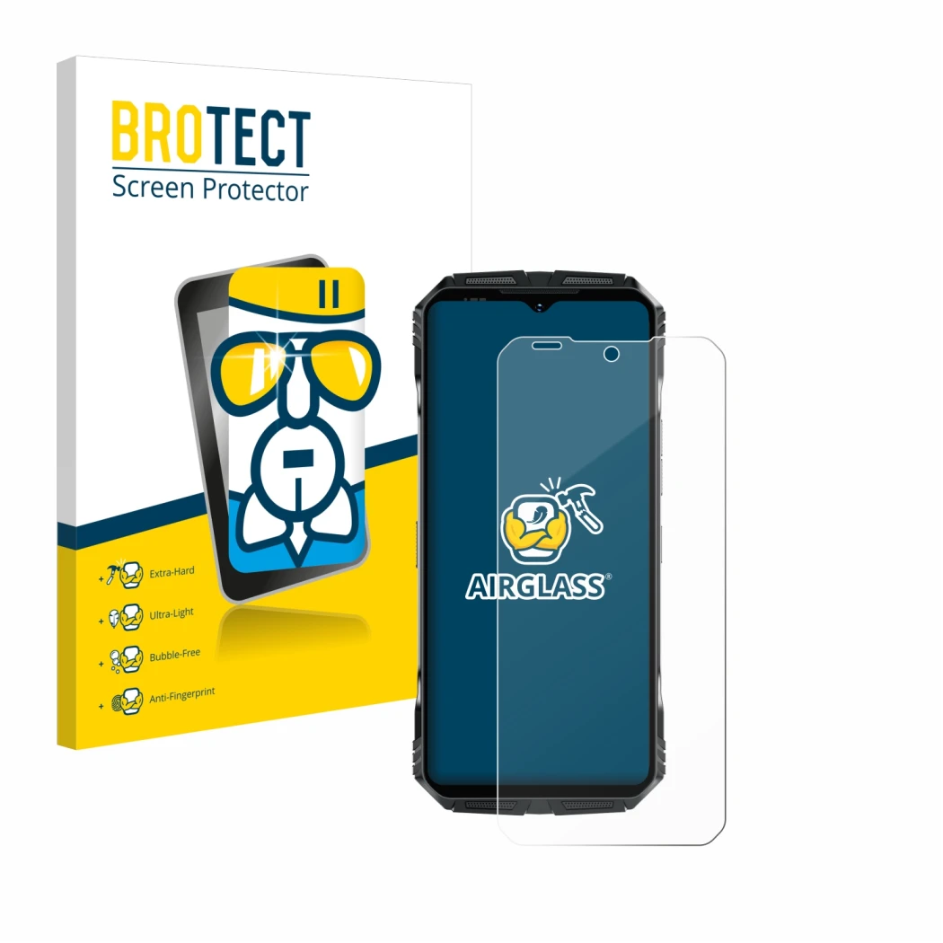 Parte frontal de un envase de producto con el logotipo de la marca BROTECT. Al lado se muestra el dispositivo Doogee S118 Pro 