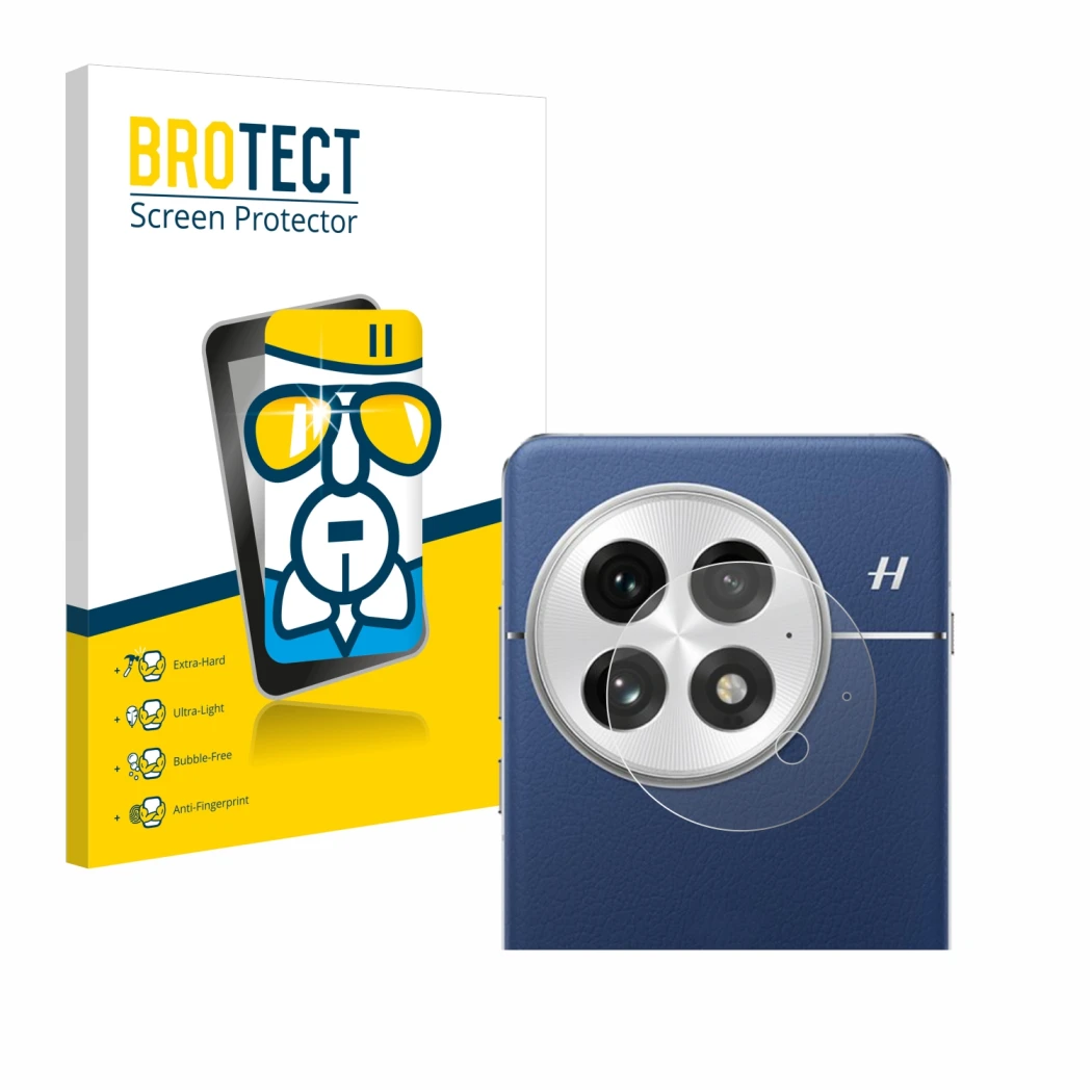 Parte frontal de un envase de producto con el logotipo de la marca BROTECT. Al lado se muestra el dispositivo OnePlus 13 (SÓLO