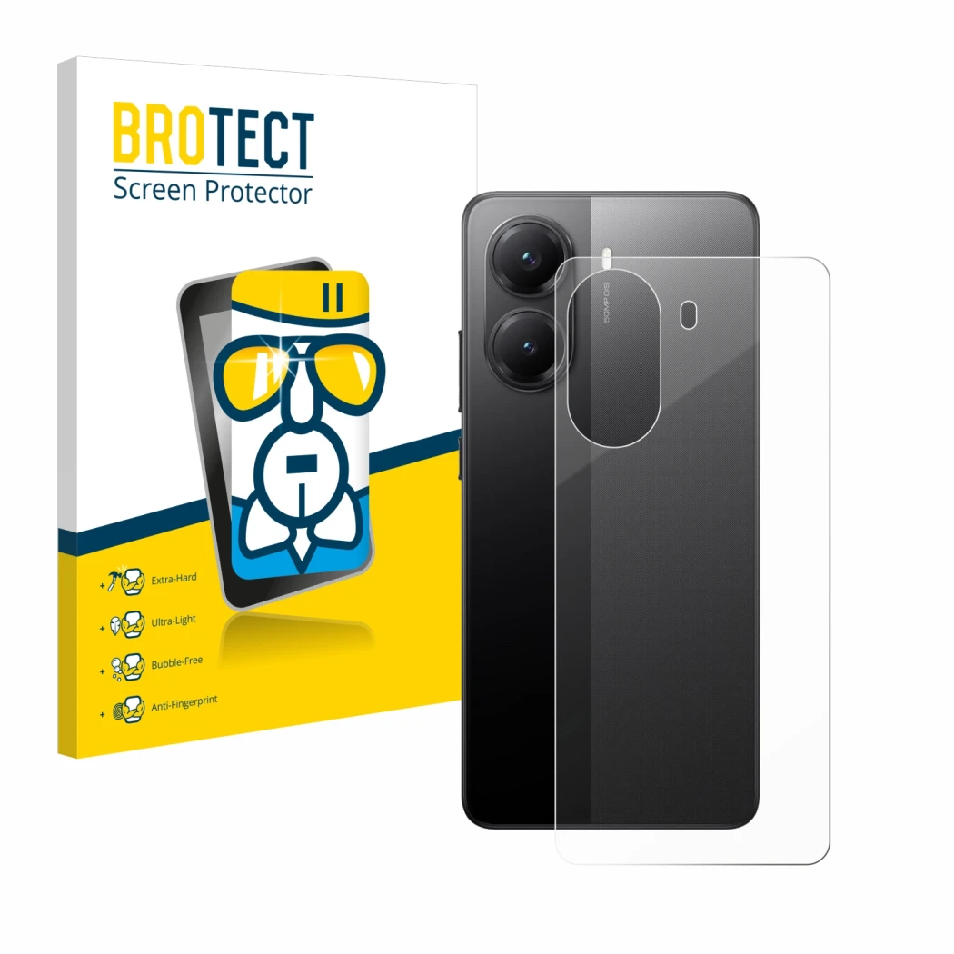 Parte frontal de un envase de producto con el logotipo de la marca BROTECT. Al lado se muestra el dispositivo Xiaomi Poco X7 P